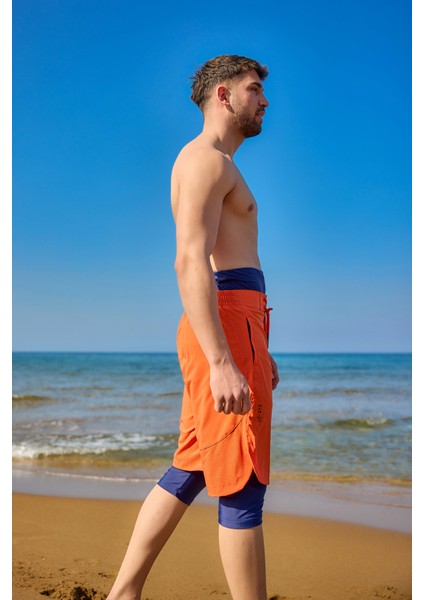 Turuncu Erkek Tesettür Yüzme Şortu - Iç Taytlı, UPF50+ Korumalı S2505-3 fırsatları