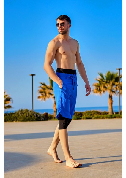 Saks Mavi Erkek Tesettür Yüzme Şortu - Iç Taytlı, UPF50+ Korumalı S2505-2 fiyatları