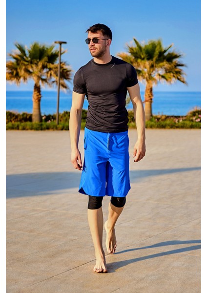 Saks Mavi Erkek Tesettür Yüzme Şortu - Iç Taytlı, UPF50+ Korumalı S2505-2 modelleri
