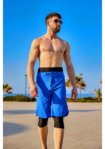 Saks Mavi Erkek Tesettür Yüzme Şortu - Iç Taytlı, UPF50+ Korumalı S2505-2 fırsatları