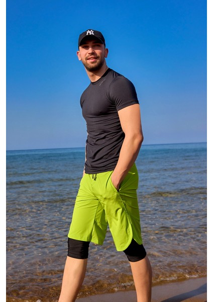 Neon Yeşili Erkek Yüzme Şortu - Iç Taytlı, UPF50+ Korumalı S2505-4