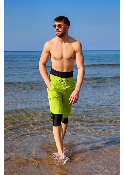 Neon Yeşili Erkek Yüzme Şortu - Iç Taytlı, UPF50+ Korumalı S2505-4 fiyatları