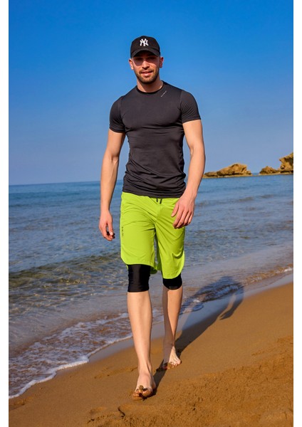 Neon Yeşili Erkek Yüzme Şortu - Iç Taytlı, UPF50+ Korumalı S2505-4 modelleri