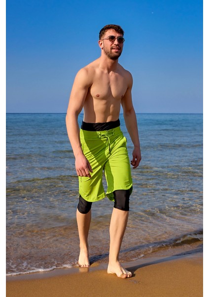 Neon Yeşili Erkek Yüzme Şortu - Iç Taytlı, UPF50+ Korumalı S2505-4 fırsatları