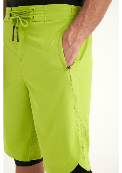 Neon Yeşili Erkek Yüzme Şortu - Iç Taytlı, UPF50+ Korumalı S2505-4