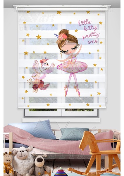 Balerin ve Sevimli Kuğu Baskılı Çocuk Odası Perdesi - Dijital Baskılı Zebra Stor Perde