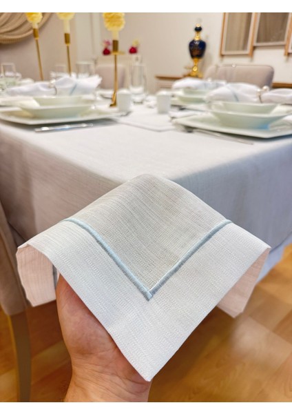 Piko Işleme Detaylı Simli Beyaz Dertsiz Masa Örtüsü 8 Parça