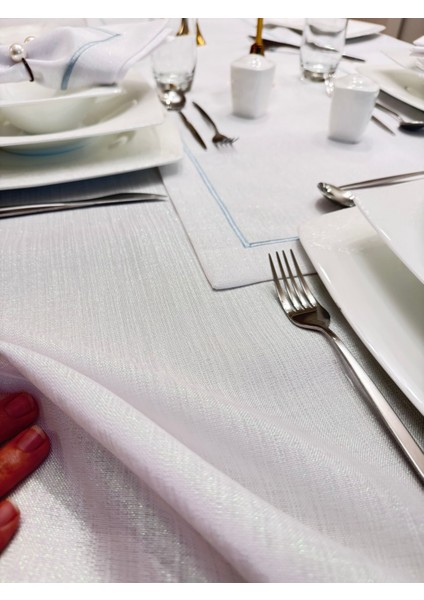 Piko Işleme Detaylı Simli Beyaz Dertsiz Masa Örtüsü 8 Parça fiyatları
