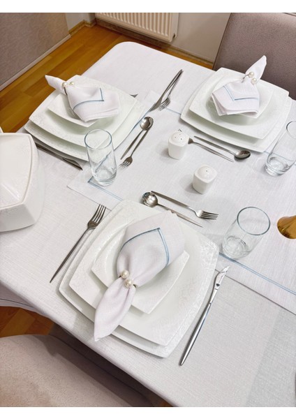 Piko Işleme Detaylı Simli Beyaz Dertsiz Masa Örtüsü 8 Parça fırsatları