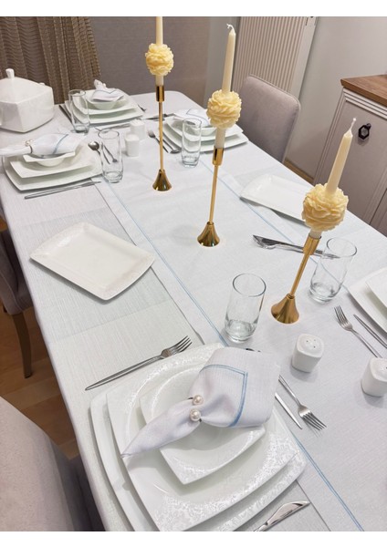 Piko Işleme Detaylı Simli Beyaz Dertsiz Masa Örtüsü 8 Parça indirimleri