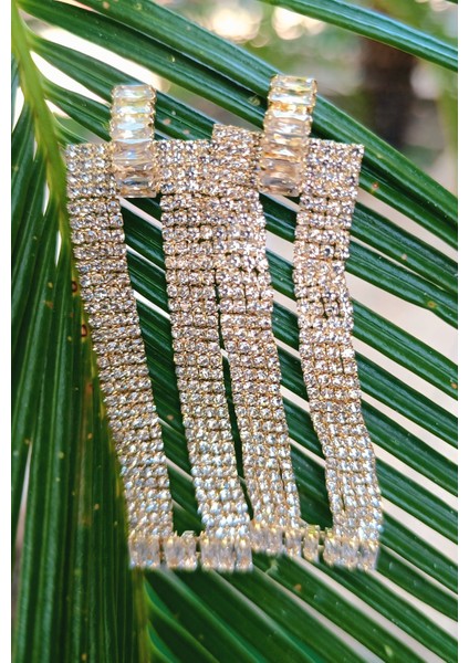 Sarı Renk Zirkon Taşlı Lüks Abiye Küpe