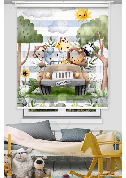 Safari Çocuk Odası Perdesi - Sevimli Hayvanlar - Dijital Baskılı Zebra Stor Perde