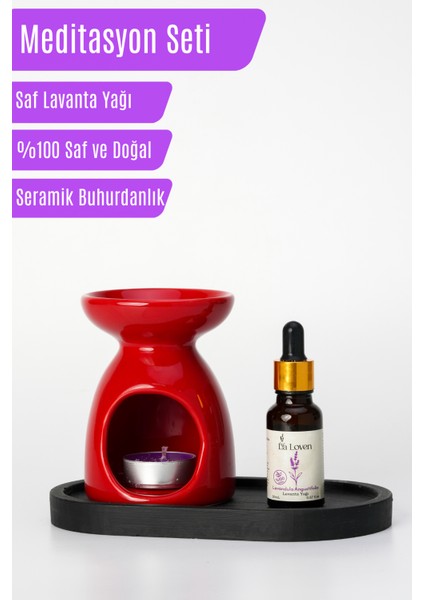 La Loven Meditasyon İkilisi | Lavanta Yağı 20 ml ve Kırmızı Buhurdanlık + 1 Adet Tealight Mum | Doğal