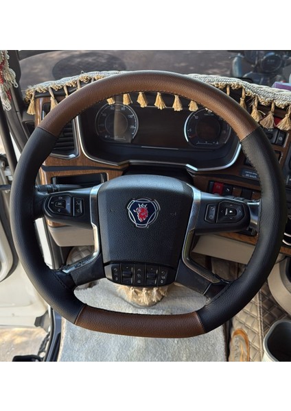 Dikişli Direksiyon Kılıfı Siyah Deri Kahverengi Deri Siyah Dikişli Yeni Scania Için