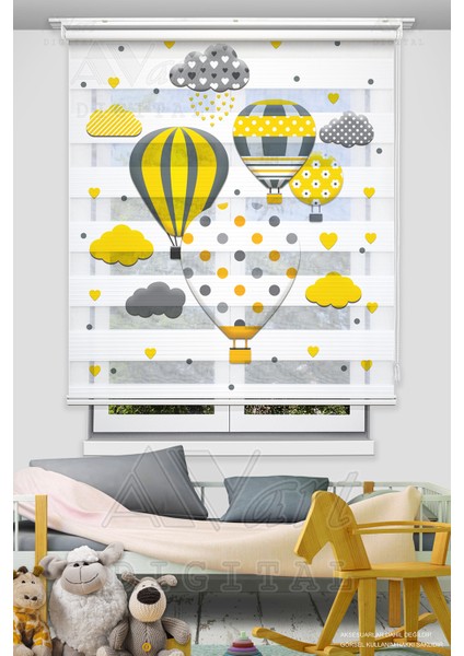 Uçan Balon Baskılı Perde - Çocuk Odası Perdesi - Hot Air Balloon - Dijital Baskılı Zebra Stor Perde