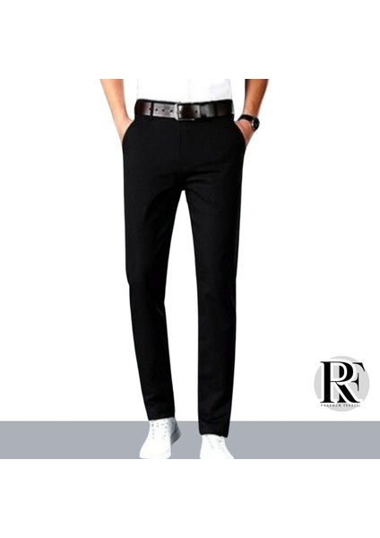 Siyah Erkek Regular Fit Pamuklu Esnek Keten Pantolon 4 Mevsim