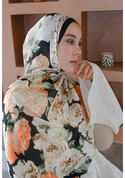Vual Ipek Şal Çiçek Desenli Siyah Turuncu Yeşil