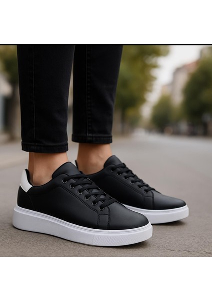 Erkek Siyah Beyaz Tabanlı Bağcıklı Sneaker Spor Ayakkabı
