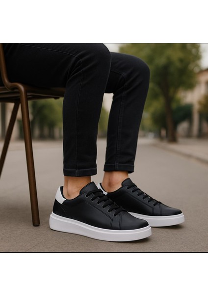 Erkek Siyah Beyaz Tabanlı Bağcıklı Sneaker Spor Ayakkabı modelleri