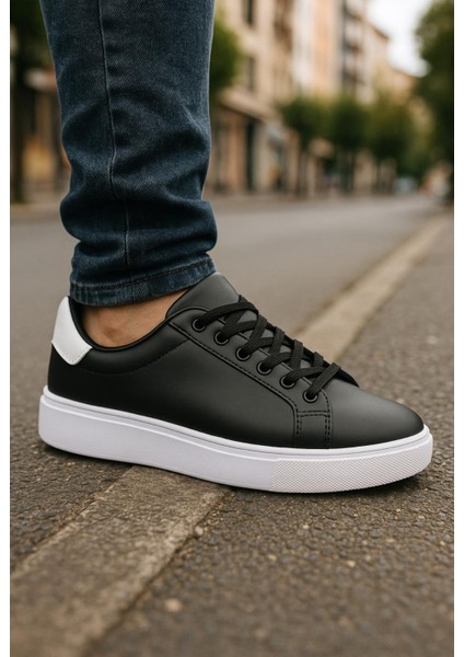 Erkek Siyah Beyaz Tabanlı Bağcıklı Sneaker Spor Ayakkabı fırsatları
