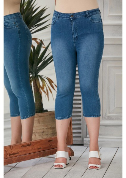 Kadın Büyük Beden Full Likralı Mavi Kot Kapri – Esnek, Rahat ve Günlük Şıklık