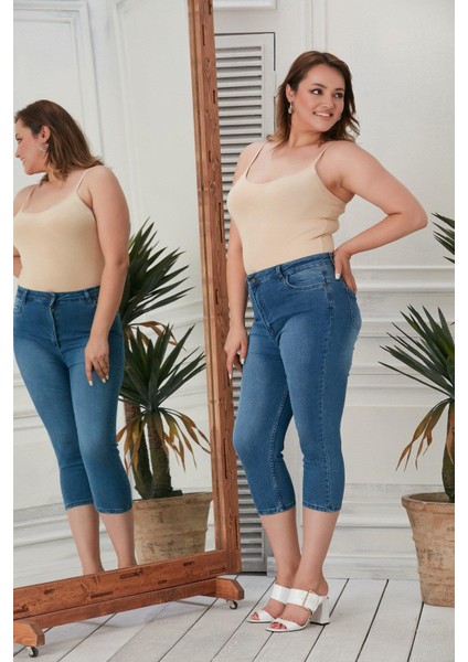 Kadın Büyük Beden Full Likralı Mavi Kot Kapri – Esnek, Rahat ve Günlük Şıklık fırsatları