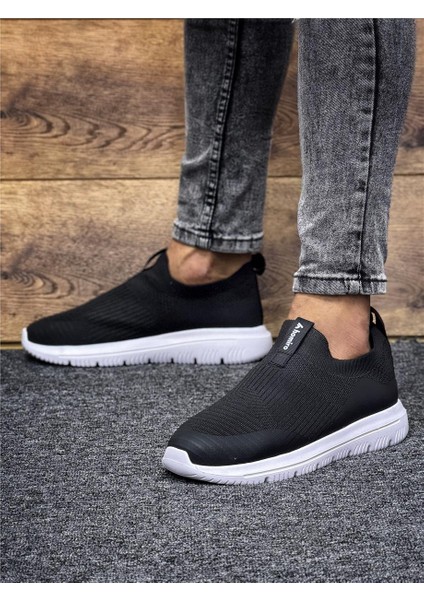 Unisex Ortopedik Bağcıksız Triko Spor Ayakkabı-Siyah-Beyaz