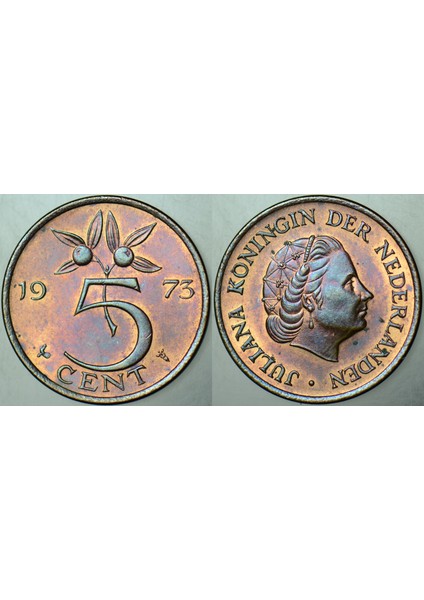 Hollanda 5 Cent 1973 Kraliçe Juliana. Güzel Renkli Patinalı Çilaltı+ Kondisyon.