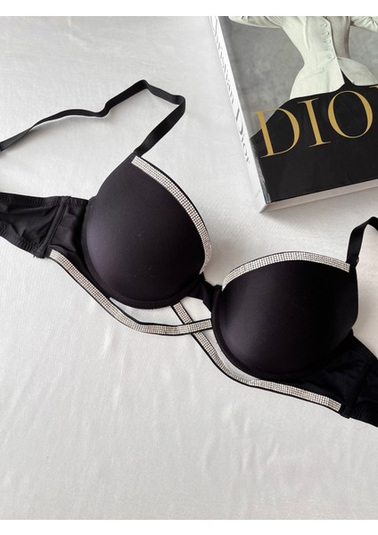 Taş Detaylı Mikro Dolgulu Siyah Sütyen