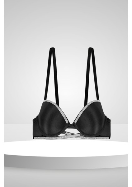 Taş Detaylı Mikro Dolgulu Siyah Sütyen