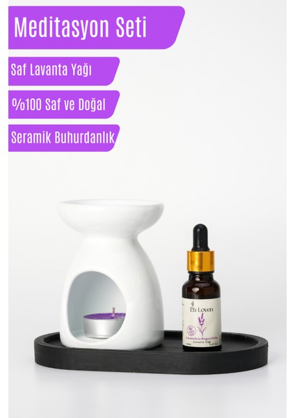 La Loven Meditasyon İkilisi | Lavanta Yağı 20 ml ve Düz Beyaz Buhurdanlık + 1 Adet Tealight Mum | Doğal