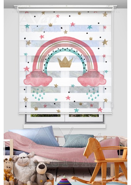 Gökkuşağı ve Yıldızlar Baskılı Çocuk Odası Perdesi - Boho Rainbow - Dijital Baskılı Zebra Stor Perde