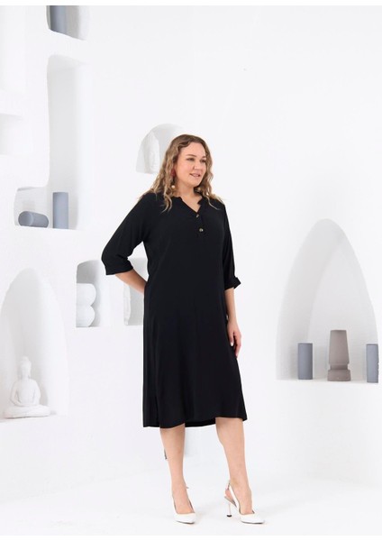Kadın Düğme Detaylı Büyük Beden Siyah Viskon Elbise – Zamansız Şıklık ve Günlük Konfor fiyatları