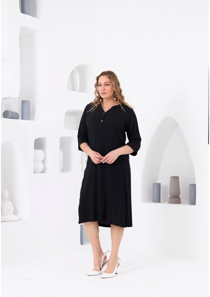 Kadın Düğme Detaylı Büyük Beden Siyah Viskon Elbise – Zamansız Şıklık ve Günlük Konfor modelleri