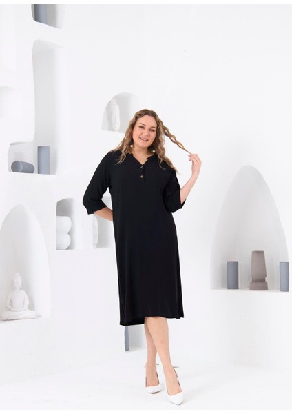 Kadın Düğme Detaylı Büyük Beden Siyah Viskon Elbise – Zamansız Şıklık ve Günlük Konfor fırsatları