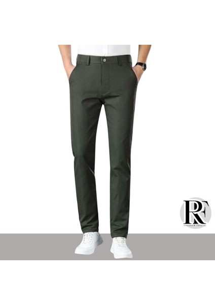 Haki Yeşili Erkek Regular Fit Pamuklu Esnek Keten Pantolon 4 Mevsim