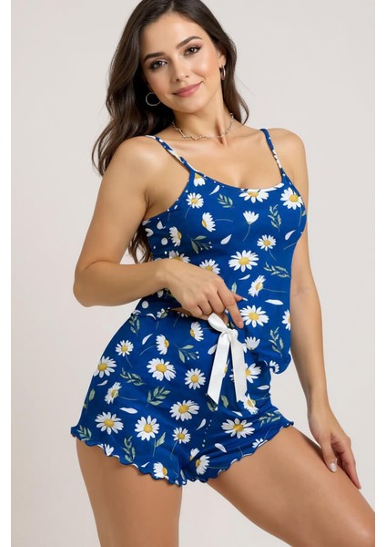 Papatya Desenli Mavi Askılı Şortlu Pijama Takımı