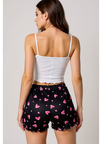 Kalp Desenli Askılı Şortlu Pijama Takımı fırsatları