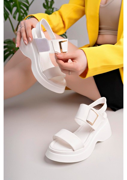 Kadın Kemerli Poli Yüksek Taban Sandalet-Beyaz modelleri