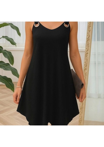 Kadın Askılı Yuvarlak Yaka Kuş Gözü Detaylı Asimetrik Viskon Elbise