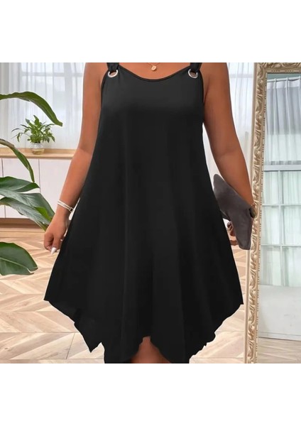 Kadın Askılı Yuvarlak Yaka Kuş Gözü Detaylı Asimetrik Viskon Elbise fiyatları