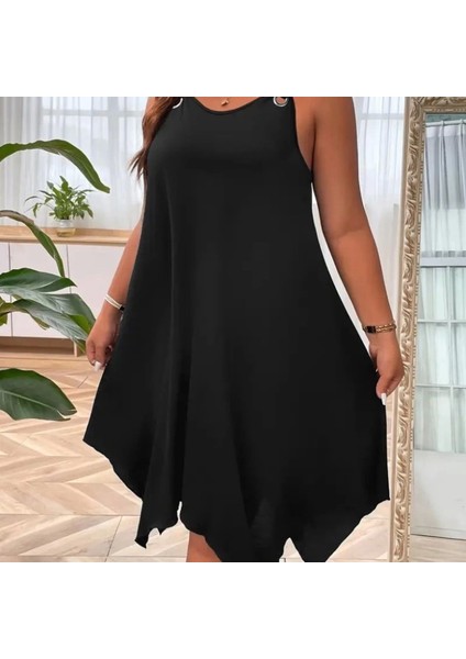 Kadın Askılı Yuvarlak Yaka Kuş Gözü Detaylı Asimetrik Viskon Elbise modelleri