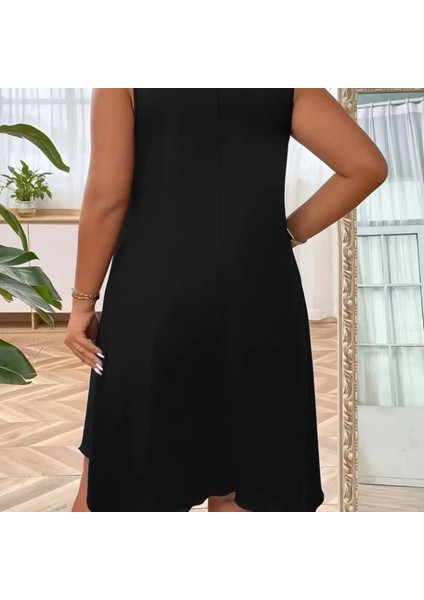 Kadın Askılı Yuvarlak Yaka Kuş Gözü Detaylı Asimetrik Viskon Elbise fırsatları