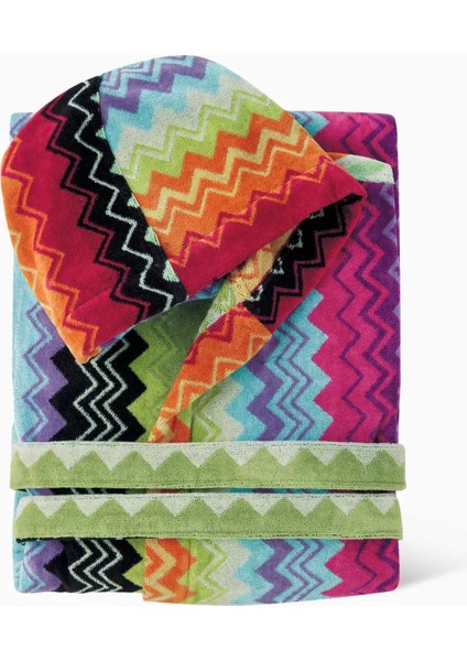 Unisex Giacomo Kapşonlu Bornoz, Pamuklu Kadife, Zikzak Desenli & Konforlu