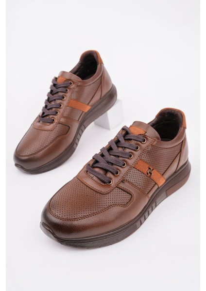 Erkek Bağcıklı Şeritli Poli Taban Günlük Cilt Spor Ayakkabı- Taba