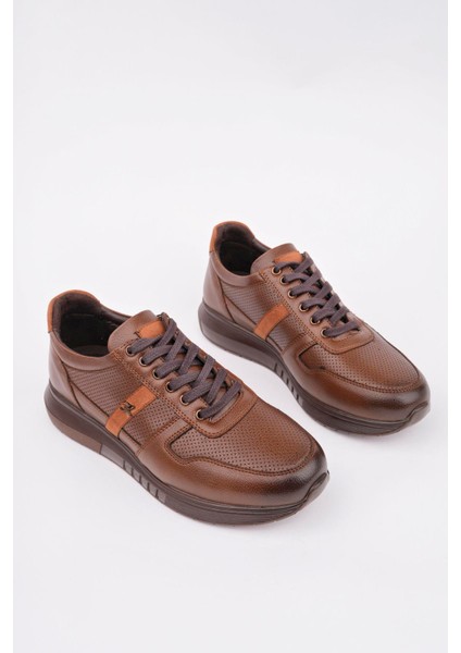 Erkek Bağcıklı Şeritli Poli Taban Günlük Cilt Spor Ayakkabı- Taba modelleri