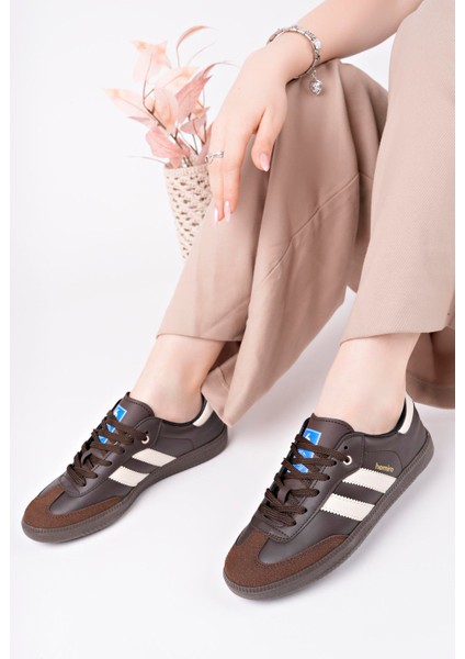 Bağcıklı Unisex Spor Sneaker Ayakkabı-Kahve-Bej