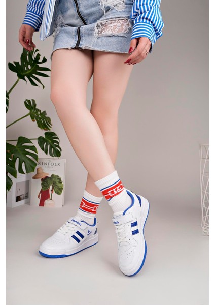 Unisex Bağcıklı Cırtlı Spor Sneaker Ayakkabı-Beyaz-Sax modelleri