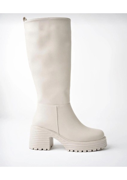 Kalın Tırtıklı Taban Platform Topuklu Çizme-Bej fiyatları