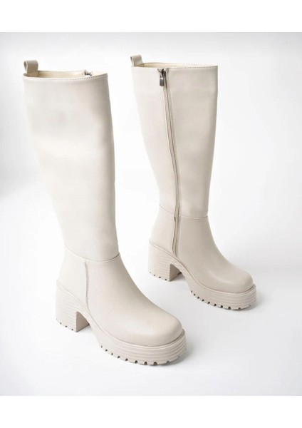 Kalın Tırtıklı Taban Platform Topuklu Çizme-Bej modelleri